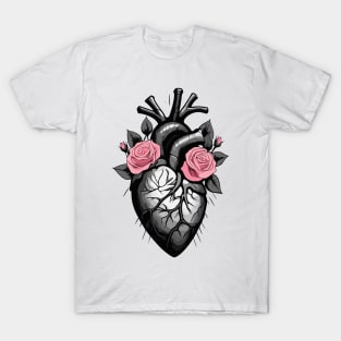 Black and white human heart with roses T-Shirt